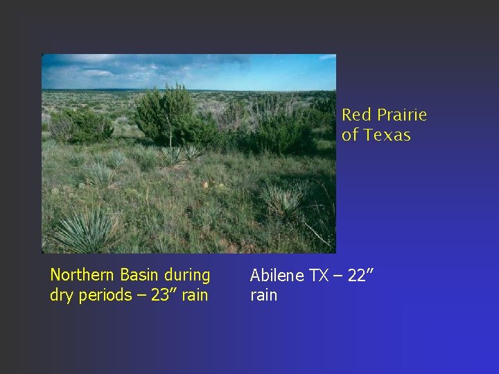 Red Prairie of Texas Northern Basin during dry periods – 23” rain Abilene TX