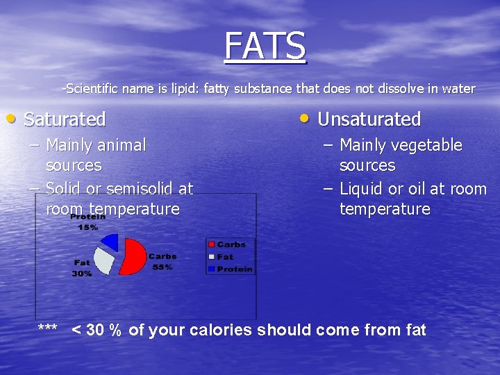 FATS -Scientific name is lipid: fatty substance that does not dissolve in water •
