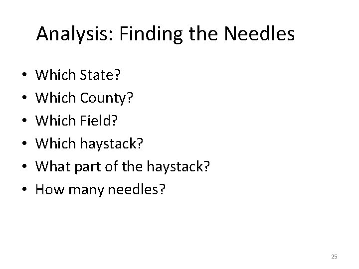 Analysis: Finding the Needles • • • Which State? Which County? Which Field? Which