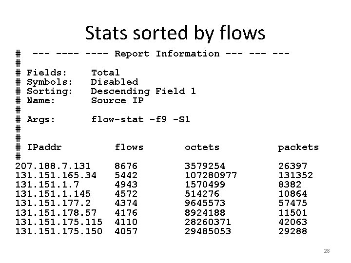 Stats sorted by flows # ---- Report Information --- --# # Fields: Total #
