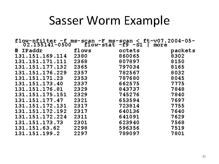 Sasser Worm Example flow-nfilter -f ms-scan -F ms-scan < ft-v 07. 2004 -0502. 155141