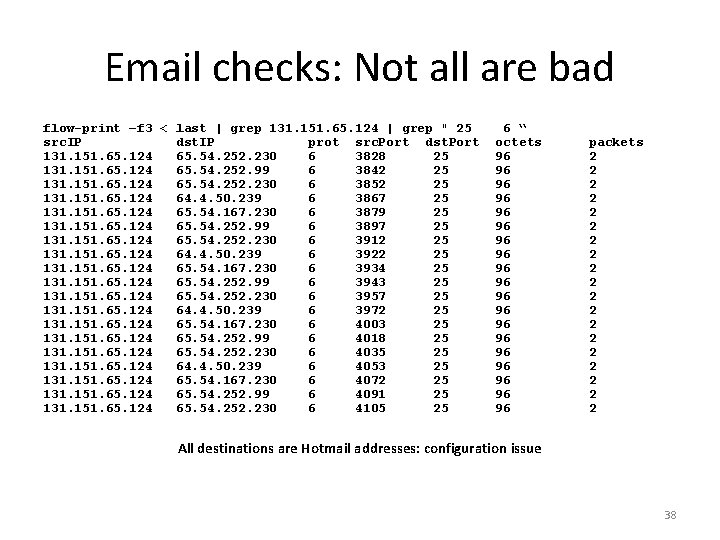 Email checks: Not all are bad flow-print –f 3 < last | grep 131.