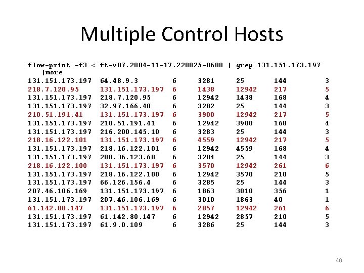 Multiple Control Hosts flow-print -f 3 < |more 131. 151. 173. 197 218. 7.