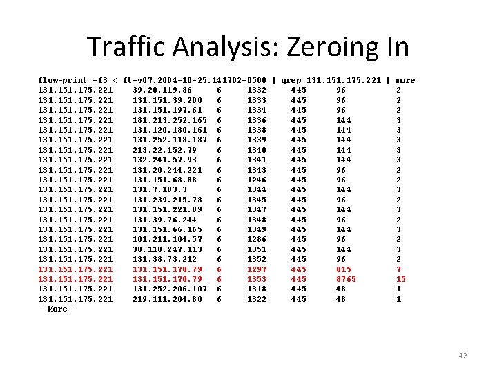 Traffic Analysis: Zeroing In flow-print -f 3 < ft-v 07. 2004 -10 -25. 141702