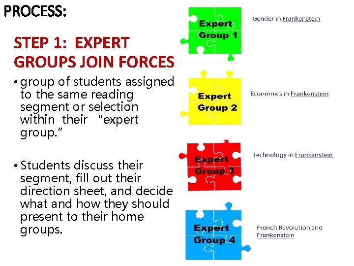 PROCESS: STEP 1: EXPERT GROUPS JOIN FORCES • group of students assigned to the