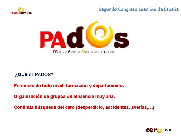 Segundo Congreso Lean Sur de España PAnrico donuts Operations System ¿QUÉ es PADOS? Personas