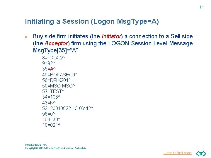 11 Initiating a Session (Logon Msg. Type=A) n Buy side firm initiates (the Initiator)