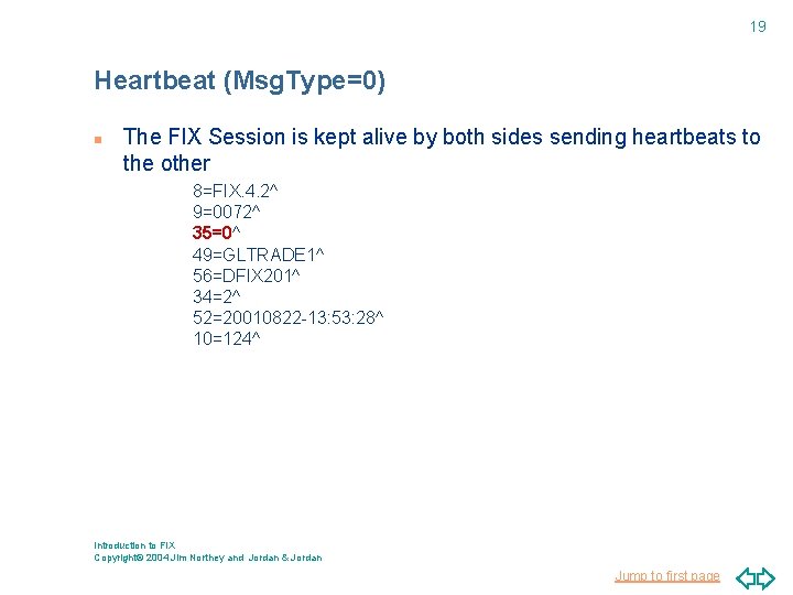 19 Heartbeat (Msg. Type=0) n The FIX Session is kept alive by both sides