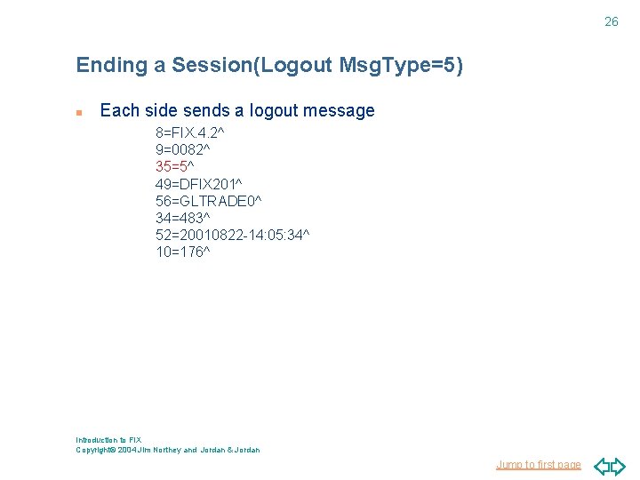 26 Ending a Session(Logout Msg. Type=5) n Each side sends a logout message 8=FIX.