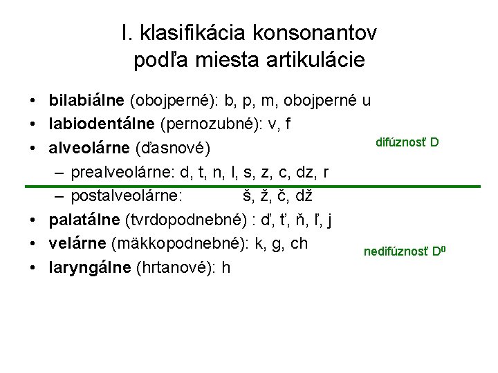 I. klasifikácia konsonantov podľa miesta artikulácie • bilabiálne (obojperné): b, p, m, obojperné u