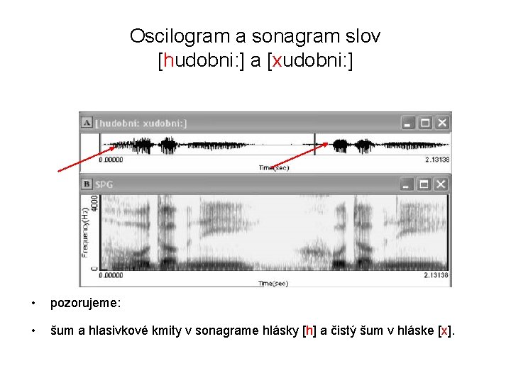 Oscilogram a sonagram slov [hudobni: ] a [xudobni: ] • pozorujeme: • šum a