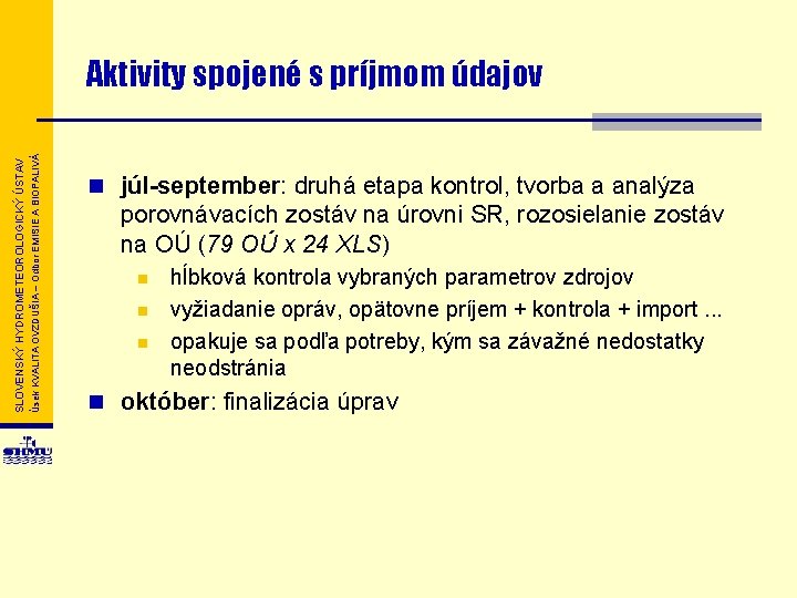 Úsek KVALITA OVZDUŠIA – Odbor EMISIE A BIOPALIVÁ SLOVENSKÝ HYDROMETEOROLOGICKÝ ÚSTAV Aktivity spojené s