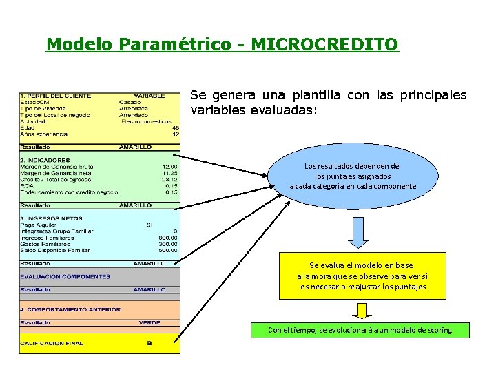 Modelo Paramétrico - MICROCREDITO Se genera una plantilla con las principales variables evaluadas: Los