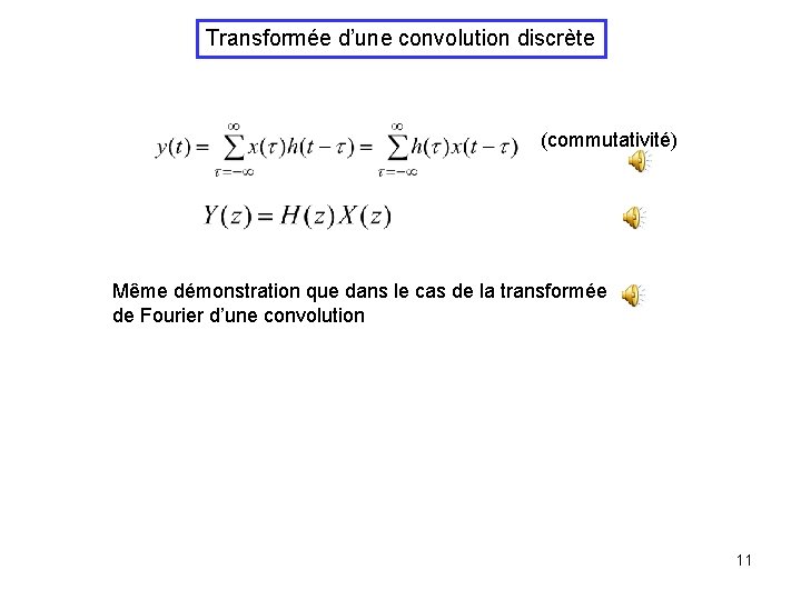 Transformée d’une convolution discrète (commutativité) Même démonstration que dans le cas de la transformée Transformée d’une convolution discrète (commutativité) Même démonstration que dans le cas de la transformée