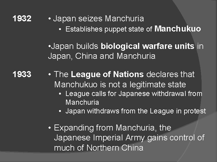 1932 • Japan seizes Manchuria • Establishes puppet state of Manchukuo • Japan builds