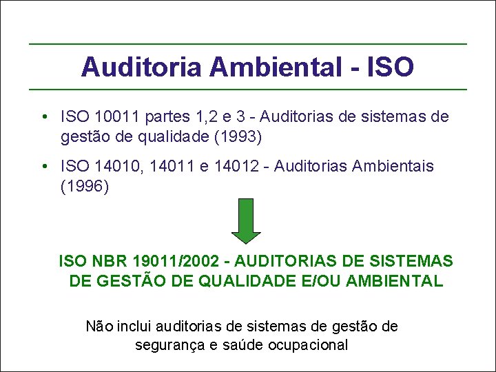 Auditoria Ambiental - ISO • ISO 10011 partes 1, 2 e 3 - Auditorias