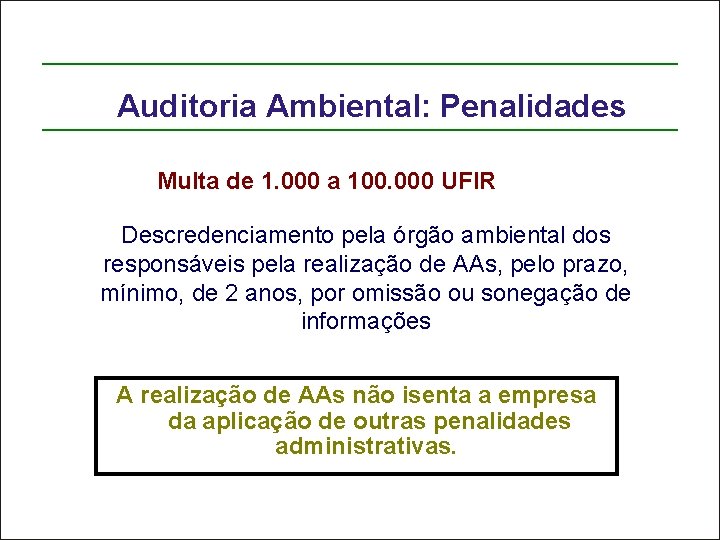 Auditoria Ambiental: Penalidades Multa de 1. 000 a 100. 000 UFIR Descredenciamento pela órgão