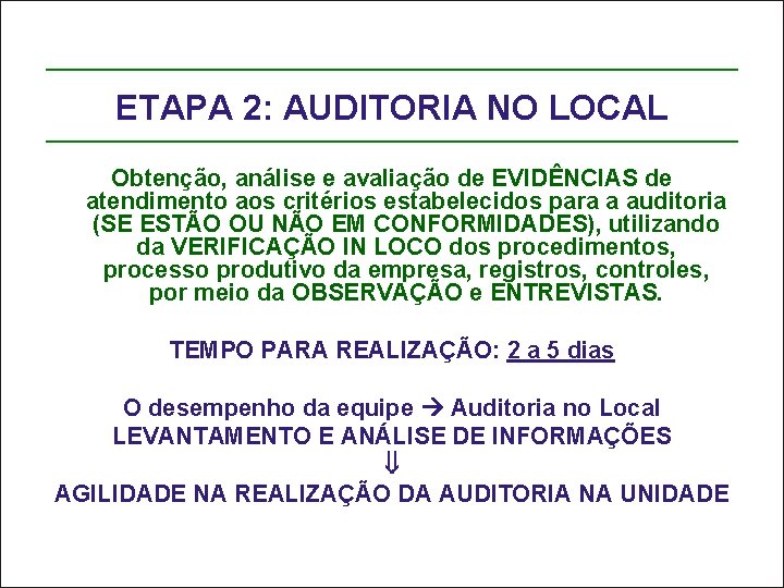 ETAPA 2: AUDITORIA NO LOCAL Obtenção, análise e avaliação de EVIDÊNCIAS de atendimento aos