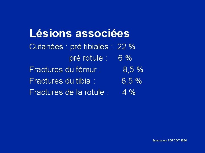 Lésions associées Cutanées : pré tibiales : 22 % pré rotule : 6 %