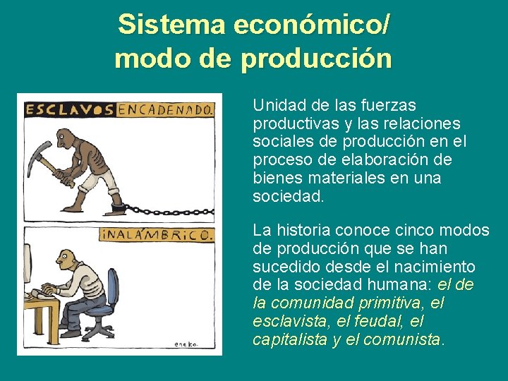 Sistema económico/ modo de producción Unidad de las fuerzas productivas y las relaciones sociales