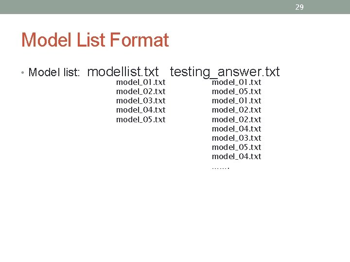 29 Model List Format • Model list: modellist. txt testing_answer. txt model_01. txt model_02.
