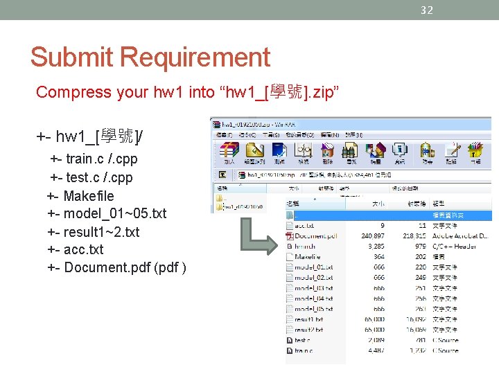 32 Submit Requirement Compress your hw 1 into “hw 1_[學號]. zip” +- hw 1_[學號]/