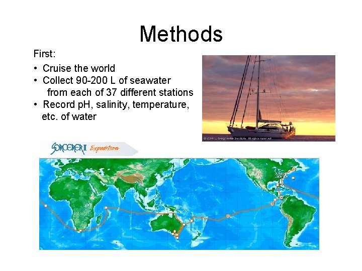 Methods First: • Cruise the world • Collect 90 -200 L of seawater from