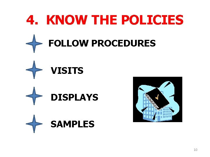 4. KNOW THE POLICIES FOLLOW PROCEDURES VISITS DISPLAYS SAMPLES 10 