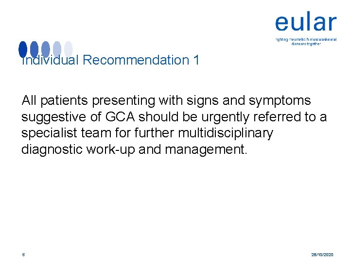 Individual Recommendation 1 All patients presenting with signs and symptoms suggestive of GCA should