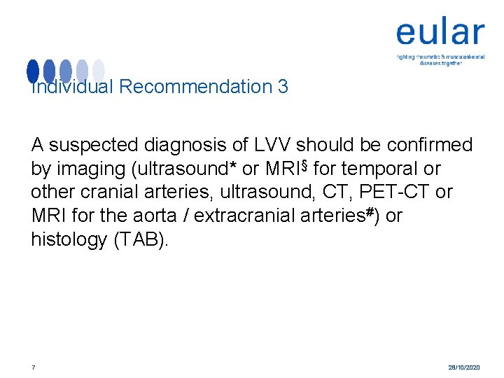 Individual Recommendation 3 A suspected diagnosis of LVV should be confirmed by imaging (ultrasound*