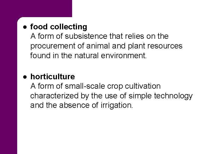 l food collecting A form of subsistence that relies on the procurement of animal