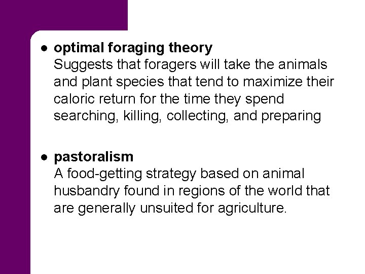 l optimal foraging theory Suggests that foragers will take the animals and plant species