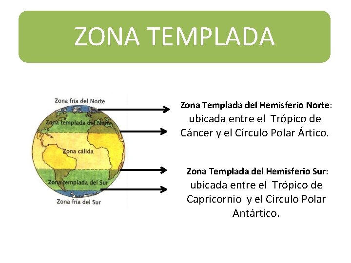 ZONA TEMPLADA Zona Templada del Hemisferio Norte: ubicada entre el Trópico de Cáncer y