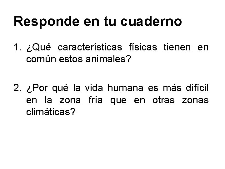Responde en tu cuaderno 1. ¿Qué características físicas tienen en común estos animales? 2.