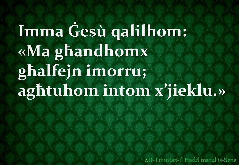 Imma Ġesù qalilhom: «Ma għandhomx għalfejn imorru; agħtuhom intom x’jieklu. » AIt-Tmintax-il Ħadd matul