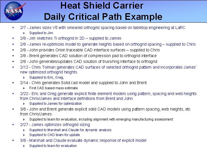 Heat Shield Carrier Daily Critical Path Example § 2/7 - James sizes V 5