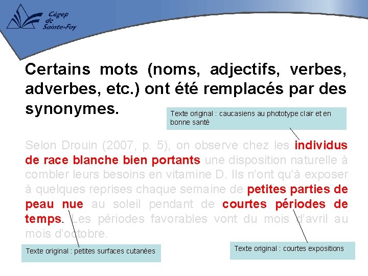 Certains mots (noms, adjectifs, verbes, adverbes, etc. ) ont été remplacés par des synonymes.