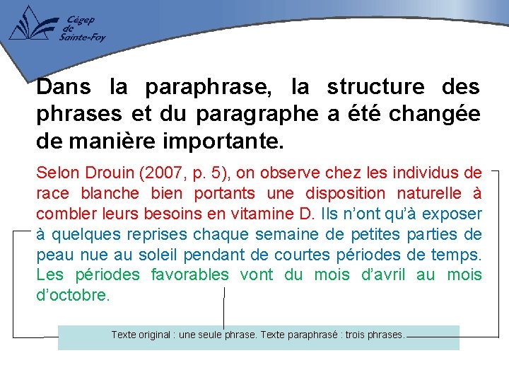 Dans la paraphrase, la structure des phrases et du paragraphe a été changée de