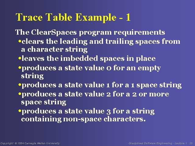 Trace Table Example - 1 The Clear. Spaces program requirements • clears the leading