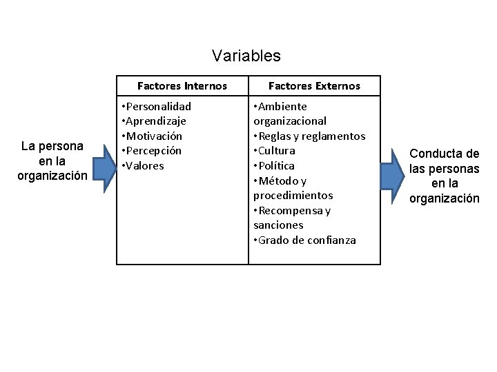 Variables Factores Internos La persona en la organización • Personalidad • Aprendizaje • Motivación