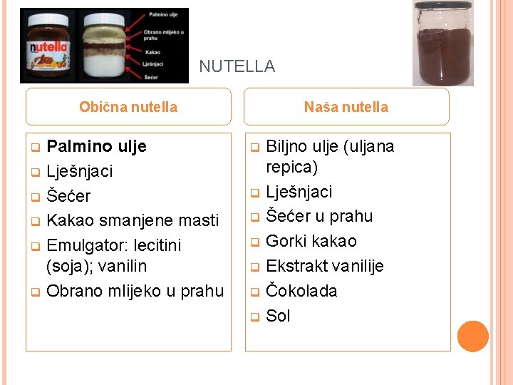 NUTELLA Obična nutella Palmino ulje q Lješnjaci q Šećer q Kakao smanjene masti q