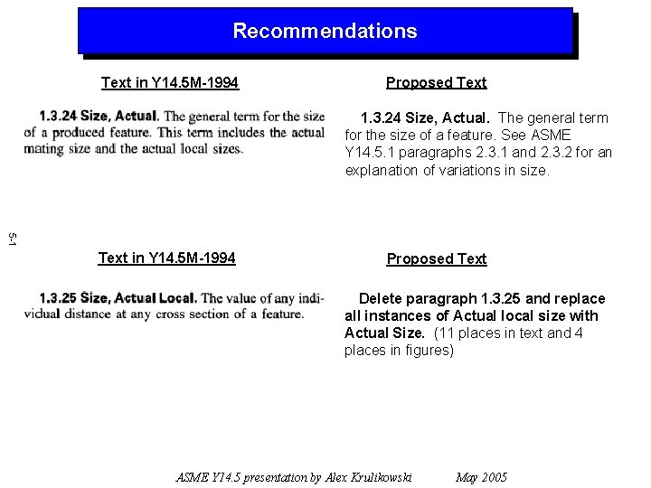 Recommendations Text in Y 14. 5 M-1994 Proposed Text 1. 3. 24 Size, Actual.