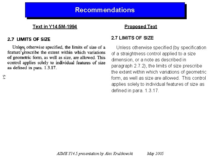Recommendations Text in Y 14. 5 M-1994 Proposed Text 2. 7 LIMITS OF SIZE