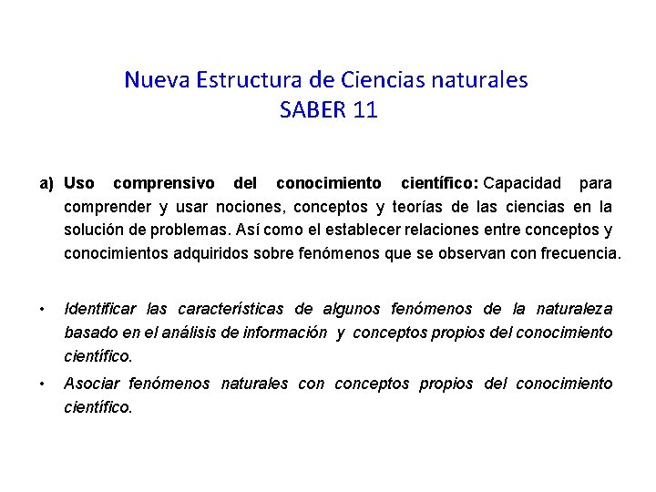 Nueva Estructura de Ciencias naturales SABER 11 a) Uso comprensivo del conocimiento científico: Capacidad