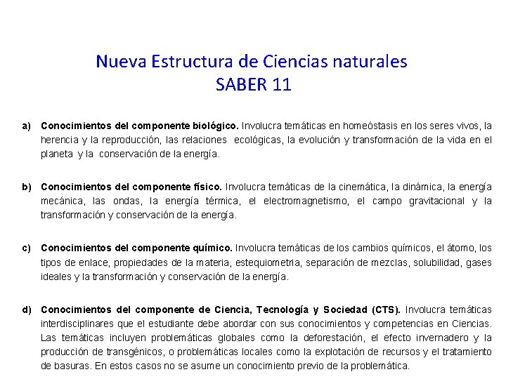 Nueva Estructura de Ciencias naturales SABER 11 a) Conocimientos del componente biológico. Involucra temáticas