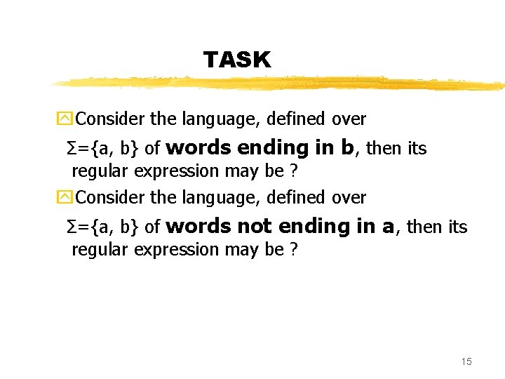 TASK y. Consider the language, defined over Σ={a, b} of words ending in b,