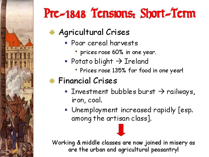 Pre-1848 Tensions: Short-Term G Agricultural Crises § Poor cereal harvests • prices rose 60%