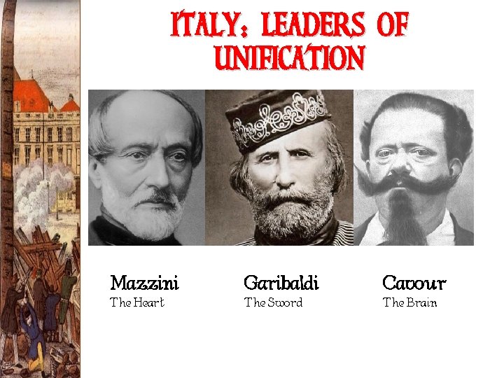 ITALY: LEADERS OF UNIFICATION Mazzini Garibaldi Cavour The Heart The Sword The Brain 