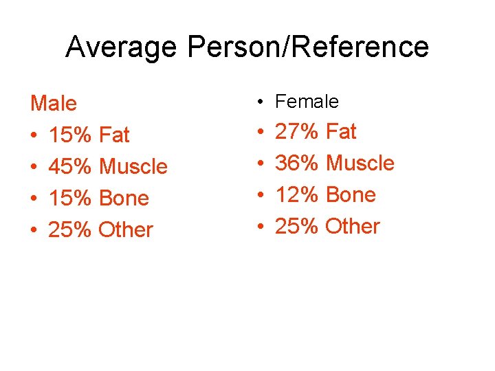 Average Person/Reference Male • 15% Fat • 45% Muscle • 15% Bone • 25%