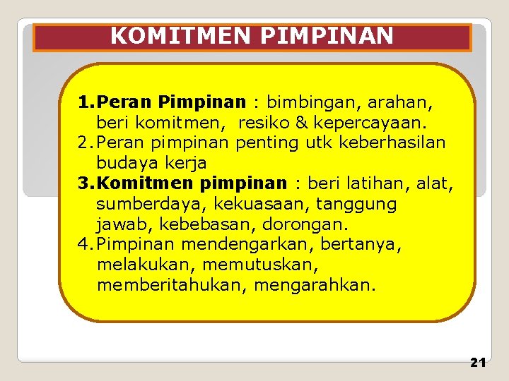 KOMITMEN PIMPINAN 1. Peran Pimpinan : bimbingan, arahan, beri komitmen, resiko & kepercayaan. 2.